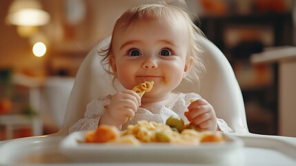 Cute child eats healthy food pasta and vegetables steamed Portraits of a cute 10 months old baby girl The baby sitting in a special high chair for babies : Generative AI