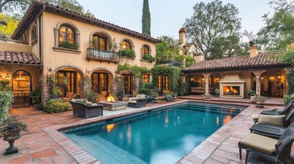 A serene outdoor space featuring a pool, patio, and lush greenery in a luxurious setting.