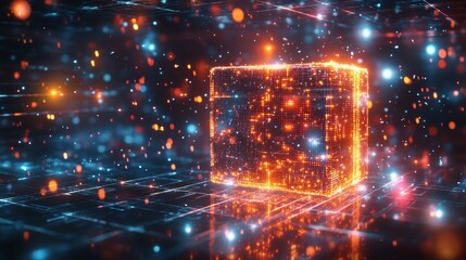 Obraz premium A gift box floating in a virtual space, its wrapping made of glowing code, bursting open to reveal abstract shapes and futuristic patterns, Avant-garde, Digital Art, Neon Hues