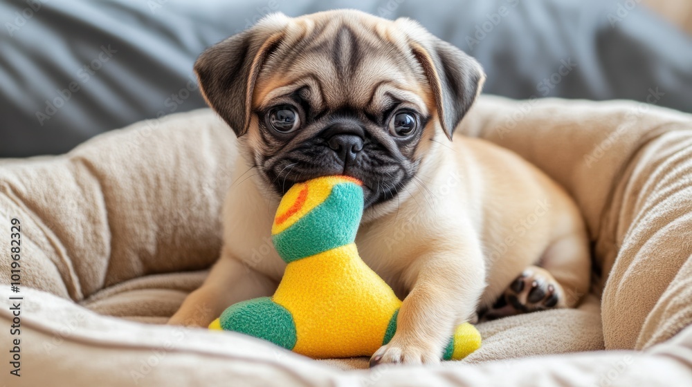 Canvas Prints A playful pug puppy chewing on a colorful toy in a cozy bed.