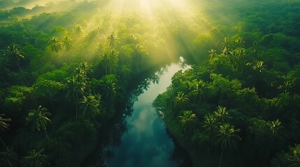 Obraz premium Sunbeams Illuminating a Winding River Through a Lush Tropical Rainforest Canopy