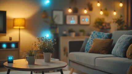 Cozy living room with plants, smart lighting, and comfortable furniture for relaxation.