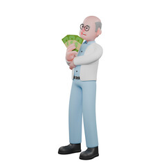 Male Science Professional in 3D. A male scientist is standing with both hands wrapped around his body while carrying several bundles of money arranged like a folding fan. Scientist Cartoon