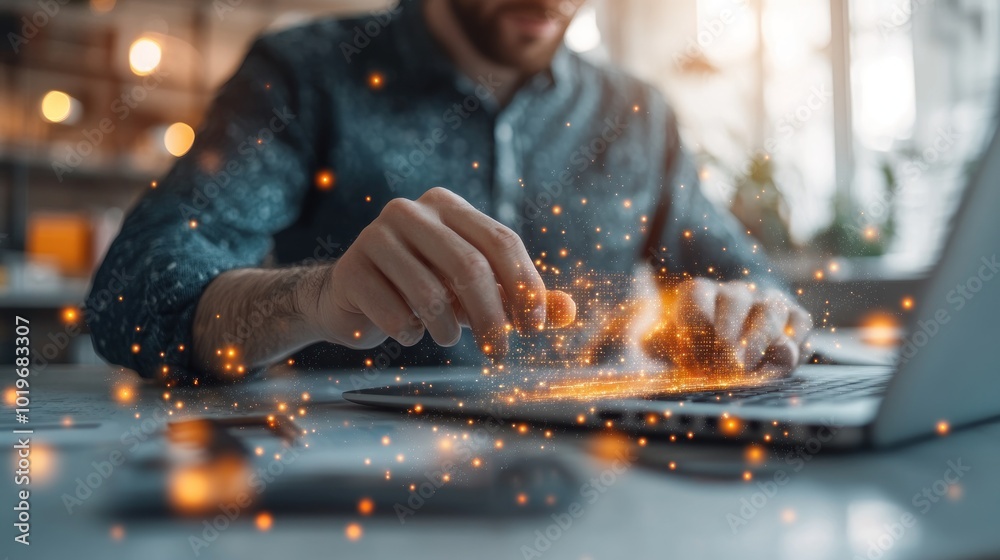 Canvas Prints A person interacts with a laptop, creating a magical effect with sparks.