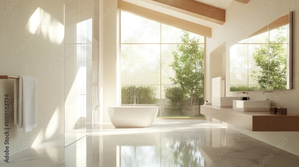 Sticker A modern bathroom featuring large windows, a freestanding tub, and natural light.