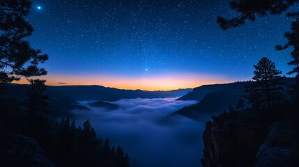 A ring of silhouetted pine trees at the edge of a mountain cliff, framing a valley filled with glowing fog, under a starlit sky