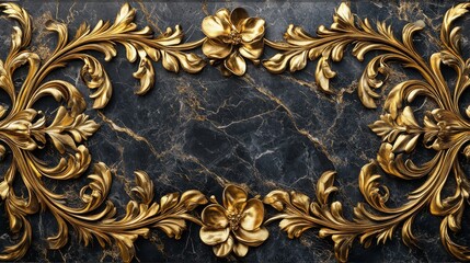 Ornate Golden Floral Design on Black Marble