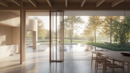 A serene modern interior with large windows overlooking a tranquil outdoor space.
