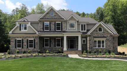 Obraz premium A modern stone-faced house with a landscaped yard and trees in the background.