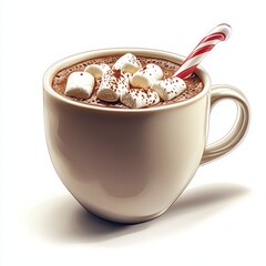A steaming cup of hot cocoa topped with marshmallows and a candy cane