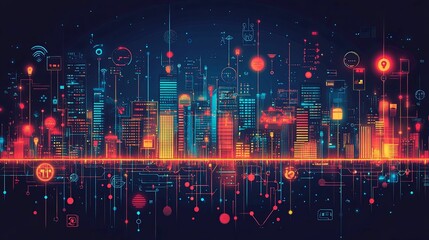 Fototapeta premium Futuristic Cityscape with Interconnected Digital Networks and Symbols