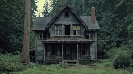 Fototapeta premium A dilapidated house surrounded by dense forest, evoking a sense of mystery and abandonment.