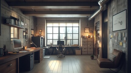 Fototapeta premium A modern office space with wooden accents and natural light.