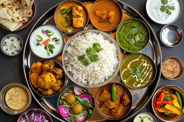 A traditional Indian thali with a variety of dishes including rice, curries, vegetables, and flatbreads

