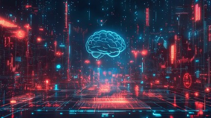 Digital Brain in a Neon-lit Network Cityscape