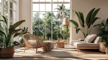 Fototapeta premium A serene living room with large windows, plants, and natural light creating a calming atmosphere.