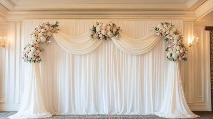 Elegant floral backdrop with draped fabric for events or celebrations.