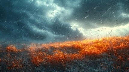 Obraz premium A dramatic landscape depicting fiery elements amidst stormy skies.