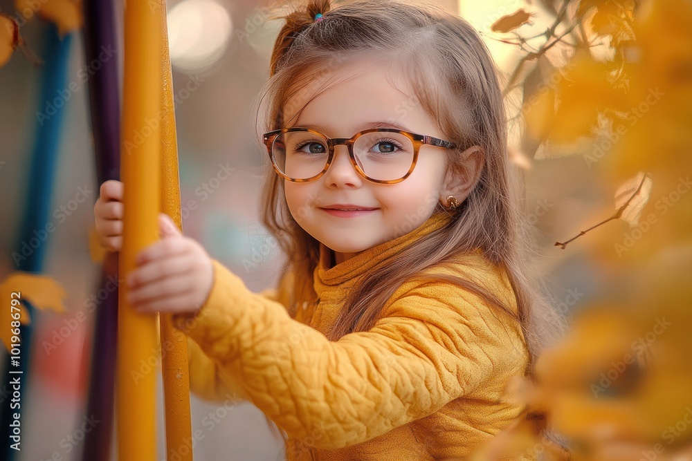 Poster A cheerful young girl in glasses smiles while playing on a colorful playground in autumn.