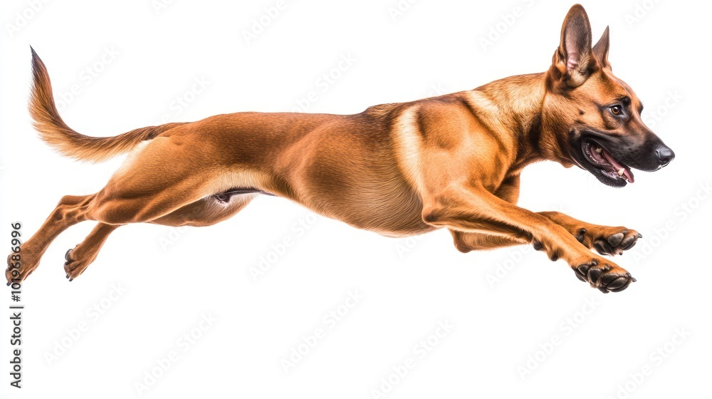 Poster A dog in mid-air, showcasing agility and movement against a white background.