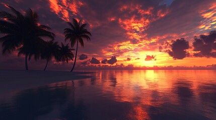 Silhouetted palm trees on a tropical beach at sunset.