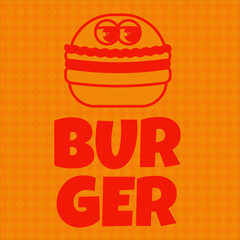 Poster, logo, template with creative burger with eyes logo. Psychedelic vector background red, orange colors for bar, cafe, restaurant, delivery