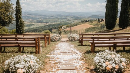 Fototapeta premium A picturesque outdoor wedding setup with benches, floral decorations, and a scenic backdrop.