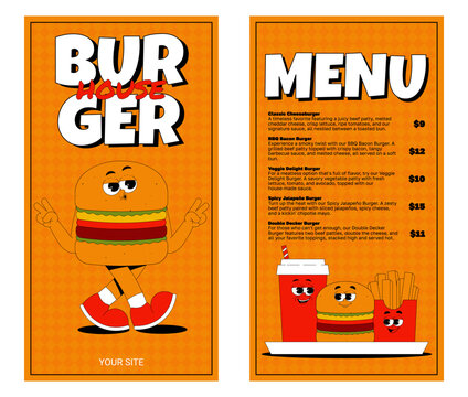 Retro groovy characters fast food. Menu with cute burger, french fries and drink. Vector illustration for bar, cafe, house, restaurant, delivery