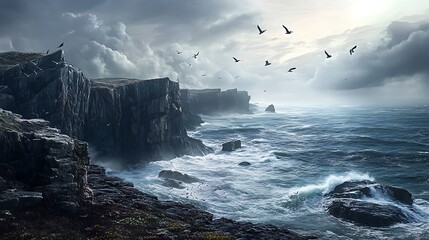 coastline with waves crashing against cliffs, sea birds flying above, and a misty horizon blending into the ocean under a cloudy sky 
