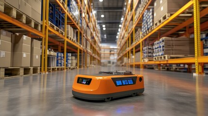Fototapeta premium An industrial robot navigating a smart factory floor, illustrating how 5G technology enables seamless communication and coordination for autonomous transportation.