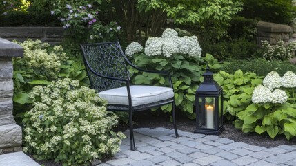 A serene garden corner featuring a chair, lantern, and blooming hydrangeas.