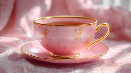 Fototapeta premium Pink Teacup and Saucer with Gold Trim - Illustration