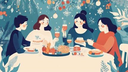 Heartwarming illustrations of families sharing a meal during the christmas holiday season