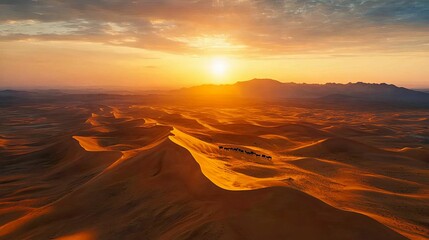 Fototapeta premium A Caravan of Camels Crossing Desert Dunes at Sunset