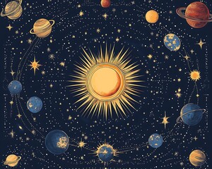 Fototapeta premium Vector flat illustration of the solar system with all planets and rings, in a cartoon style.