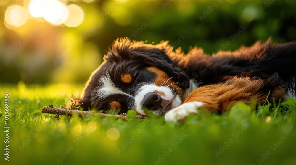 Sticker A serene dog resting on the grass with a stick in a warm, sunlit environment.