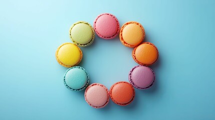 Obraz premium Colorful Macarons Arranged in a Circle on a Blue Background