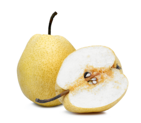 whole and half of chinese pear (Pyrus pyrifloral,nashi pear) tropical fruit isolated, png