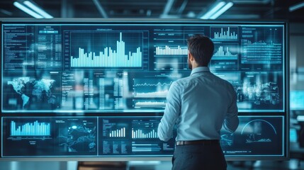 A professional analyzing data on a futuristic digital display in a modern office setting.