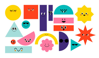 Set of Various bright basic Geometric Figures with face emotions. Different shapes. Hand drawn trendy Vector illustration for kids. Cute funny characters. All elements are isolated