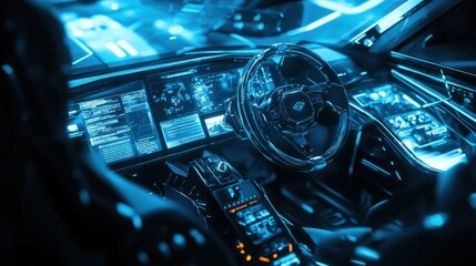 Futuristic car interior with advanced technology and digital displays.