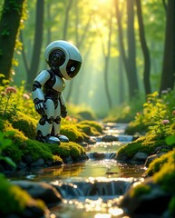 Adorable Robot Exploring a Forest Stream