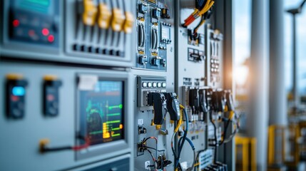 Close-up of industrial control panel with various instruments and wiring.