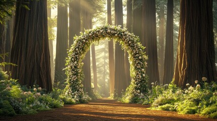 Obraz premium A floral archway in a sunlit forest, creating a romantic atmosphere for a wedding.