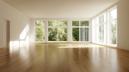 A spacious, sunlit room with large windows overlooking greenery.