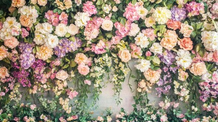 A vibrant floral wall display featuring various colorful flowers and greenery.