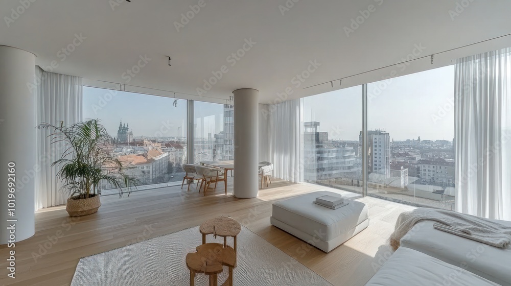 Sticker Modern apartment interior with large windows showcasing an urban skyline.