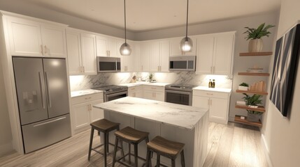 Fototapeta premium Modern kitchen with white cabinetry, marble countertops, and stylish lighting.