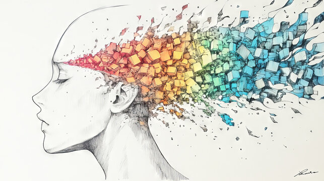 A colorful abstract drawing of a person's head with cubes exploding from their brain.