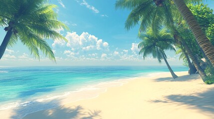 Fototapeta premium Sunny tropical beach with palm trees and turquoise water.